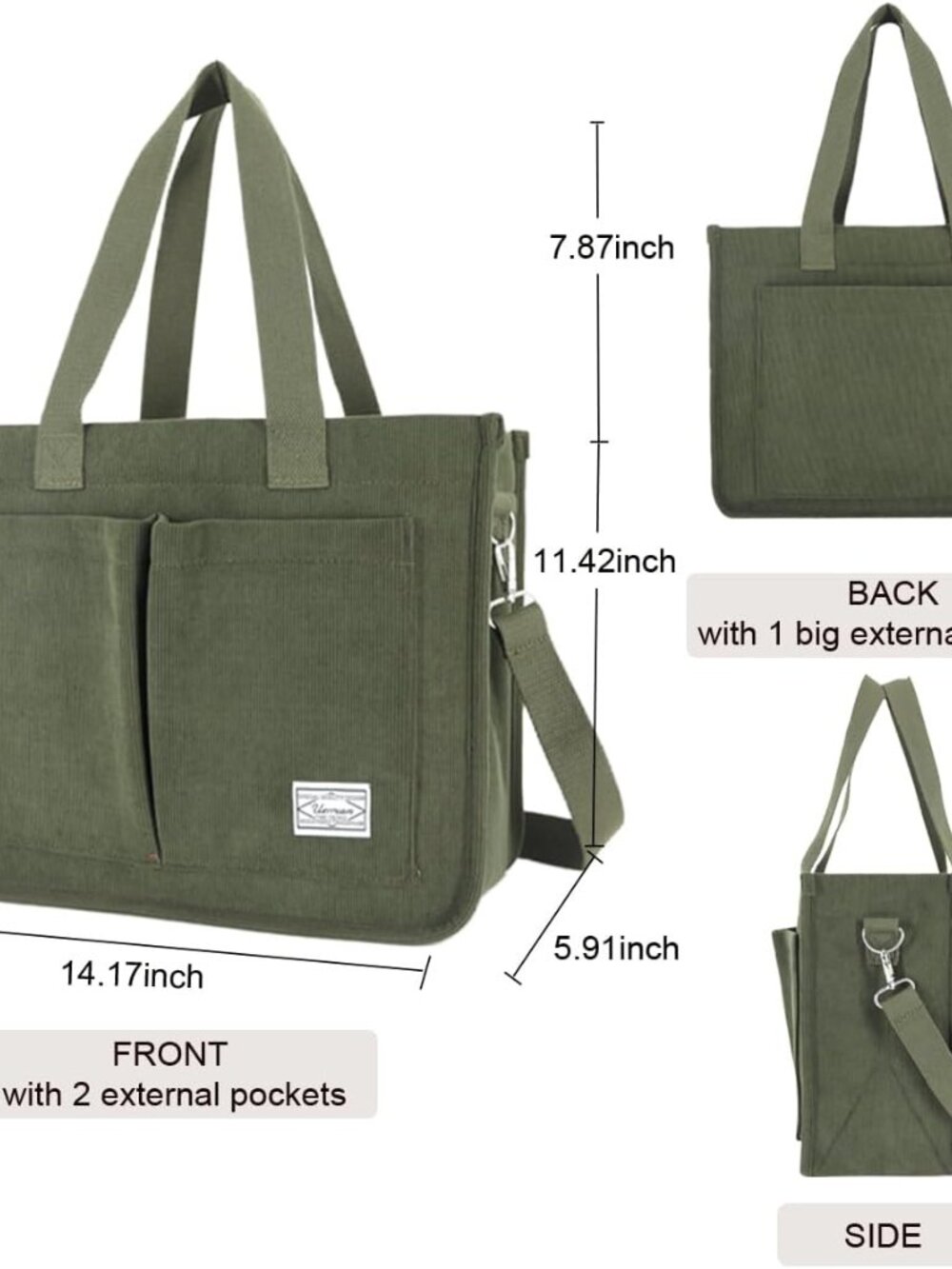 Corduroy Tote Bag For Women, Large Purse For Laptop, Work, College | Spacious Wo View 5